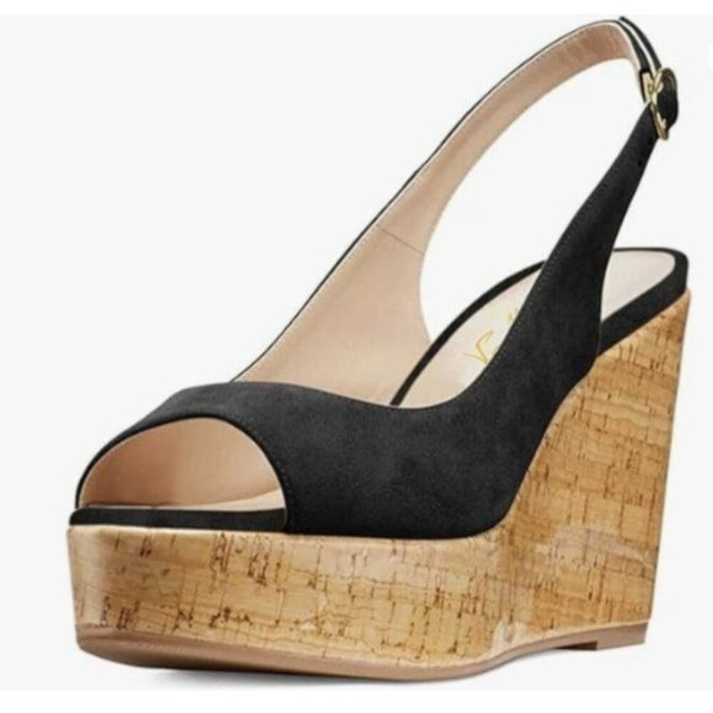 FOWT Women Peep Toe Slingback Platform Wedge Sandals High Heel Buckle Black Shoe